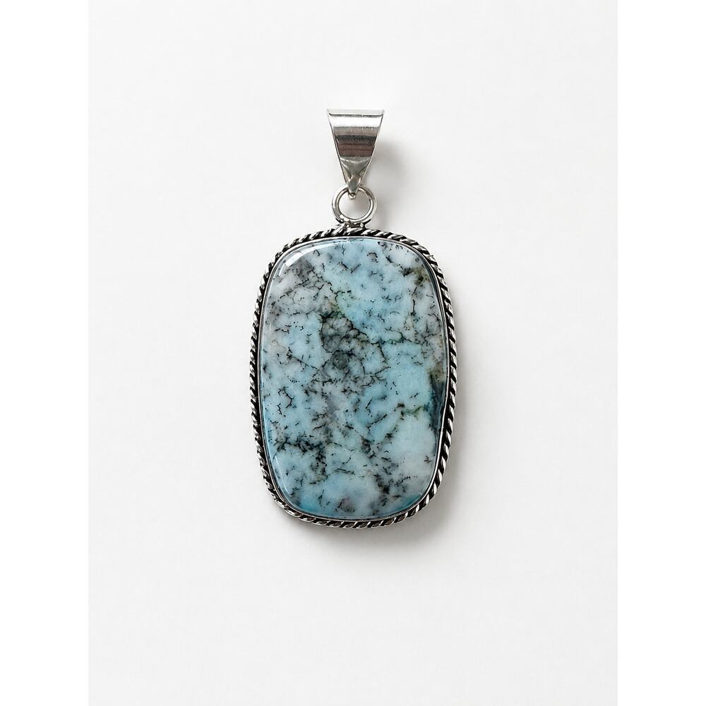 New 925 Sterling Silver Dendritic Opal Pendant Blue White Cabochon